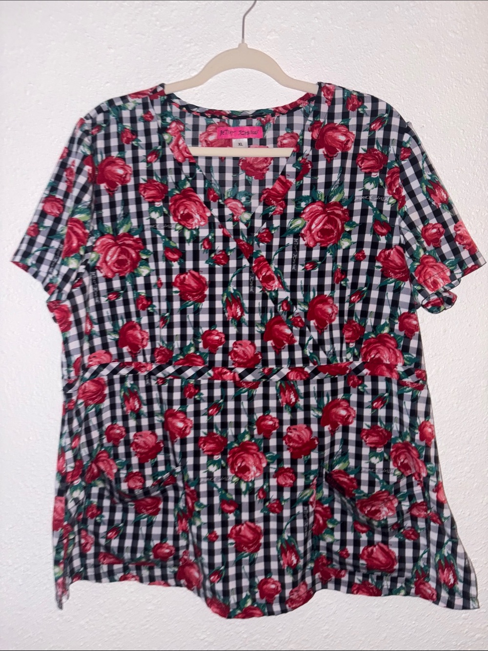 Betsey Johnson by KOI Gingham Rose Calla Scrub Top XL